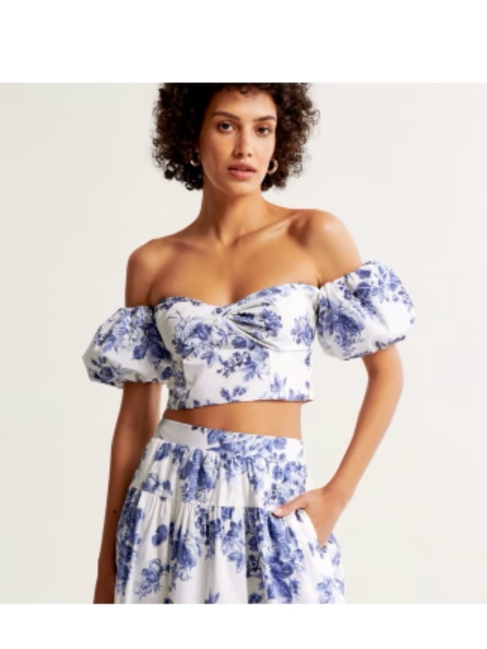Abercrombie Poplin Off the Shoulder Blue Floral Puff Sleeve Top NWT